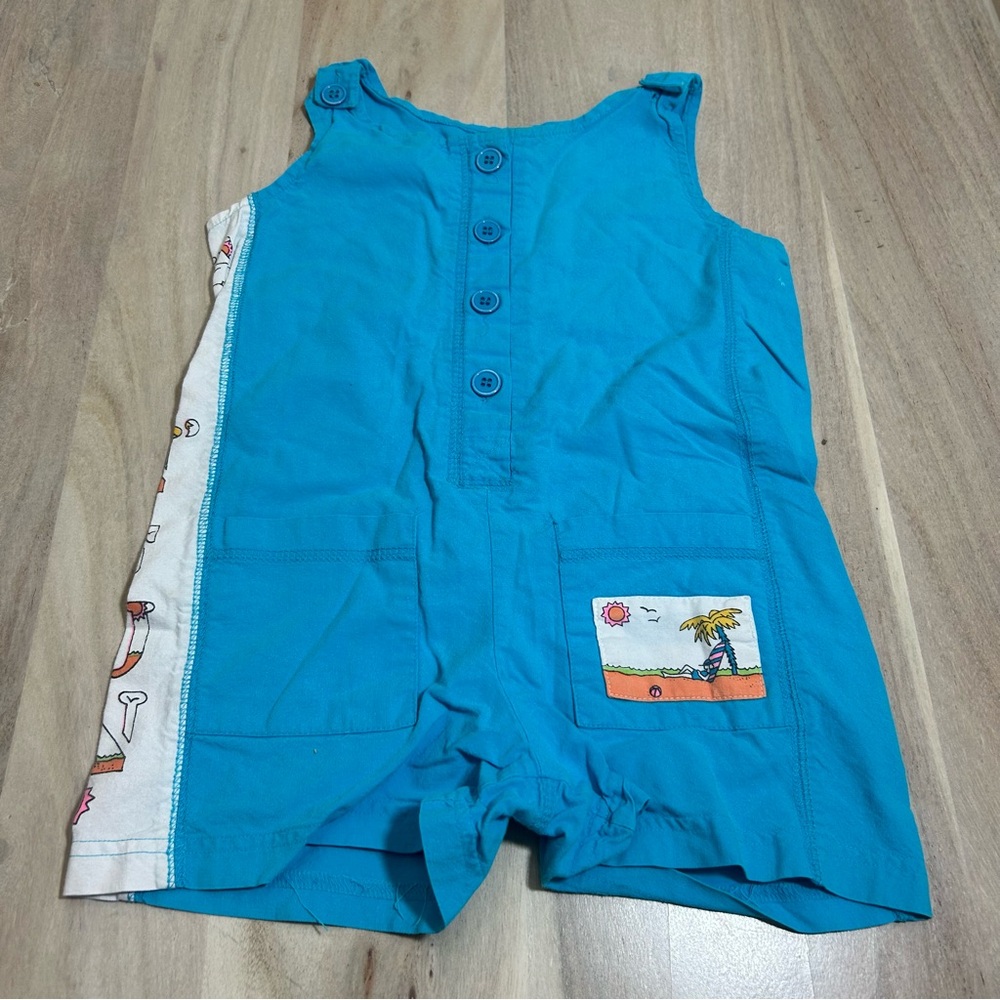 Vintage 90s Little Kid Unisex Romper Short Jumper Blue Sun Fun Beach Outfit Sz 4
